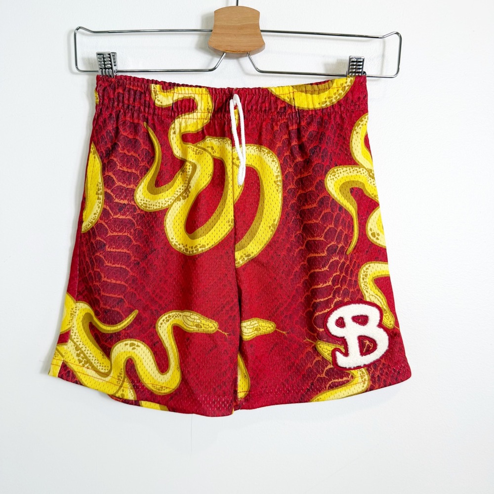 BKTSQD Bucket Squad Mesh Shorts Boys YXL Red Yellow Snake Print Patch Athletic